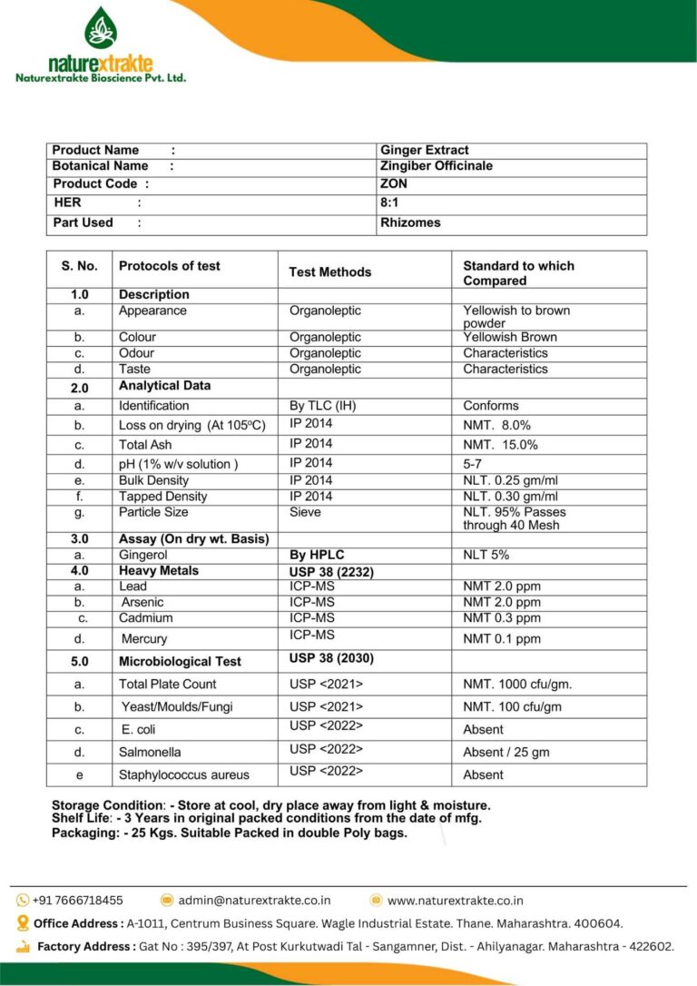 Ginger Specification - 5 Gingerol by HPLC
