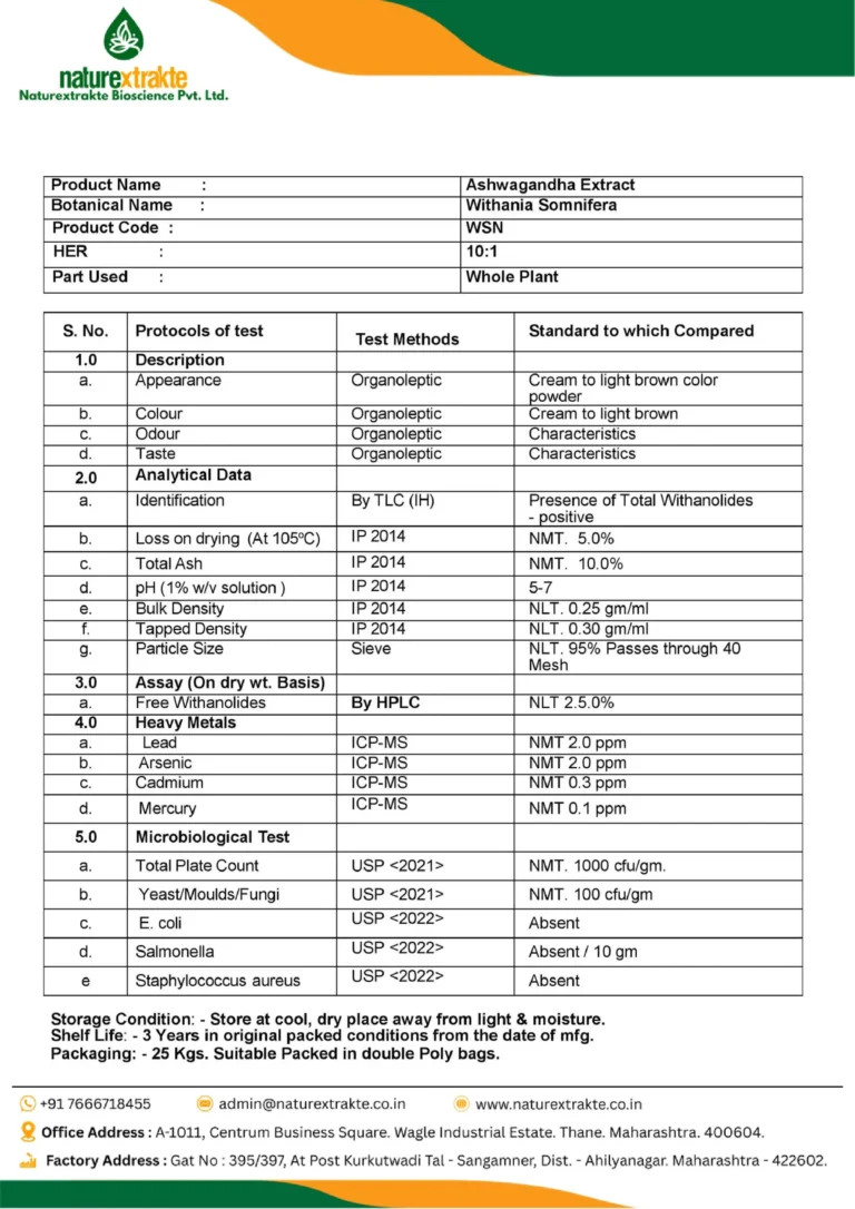 Ashwagandha FG Specification - 2.5 by HPLC
