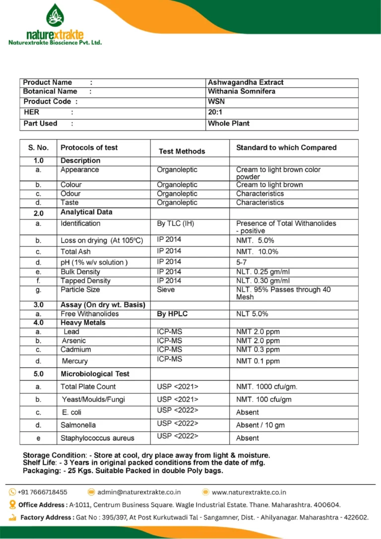 Ashwagandha FG Specification - 5.0 by HPLC