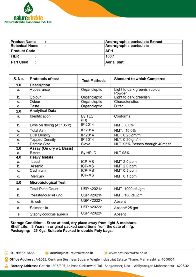 Kalmegh FG Specification - Andrographolide 98